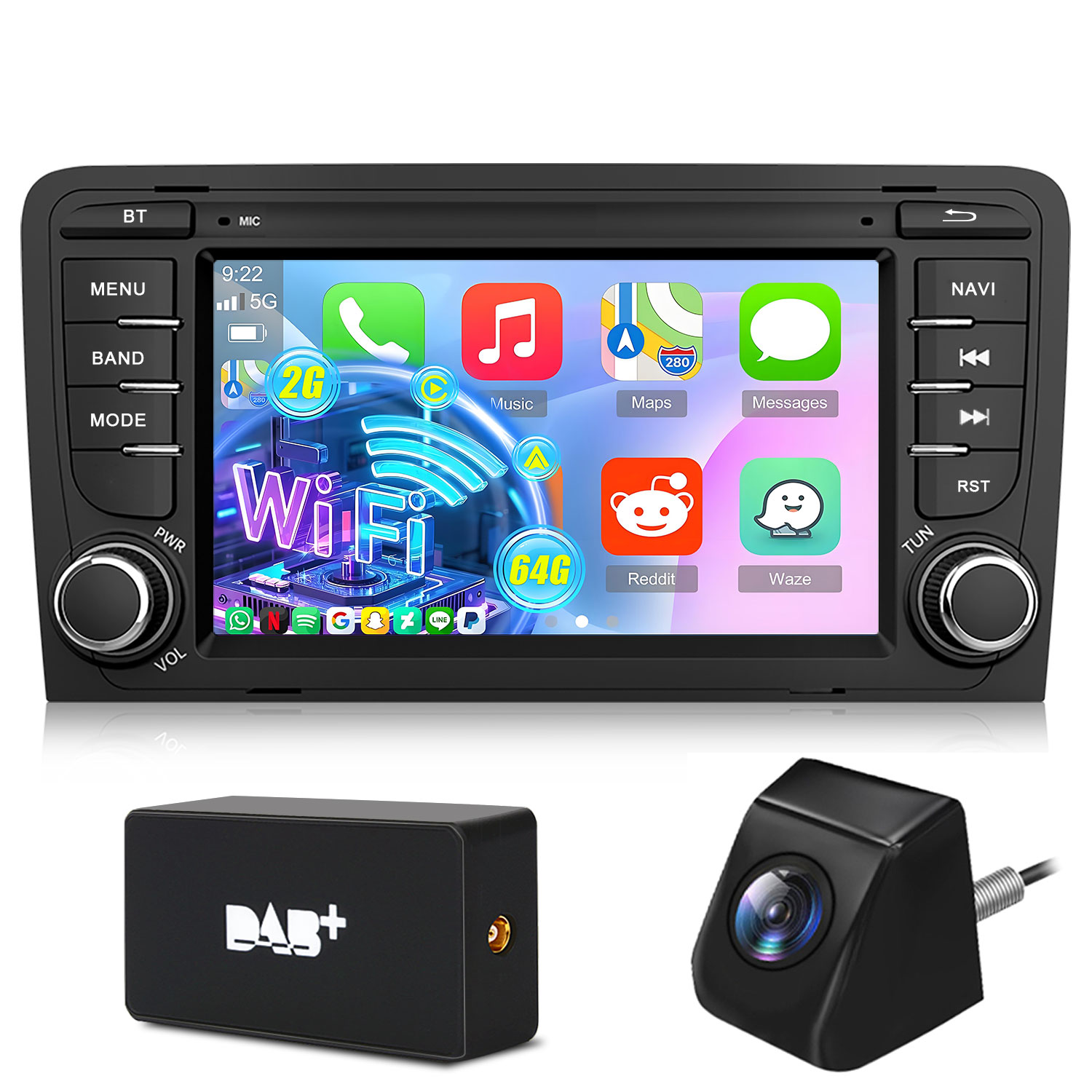 Ein Autoradio mit Touchscreen, DAB+-Box und Rückfahrkamera.