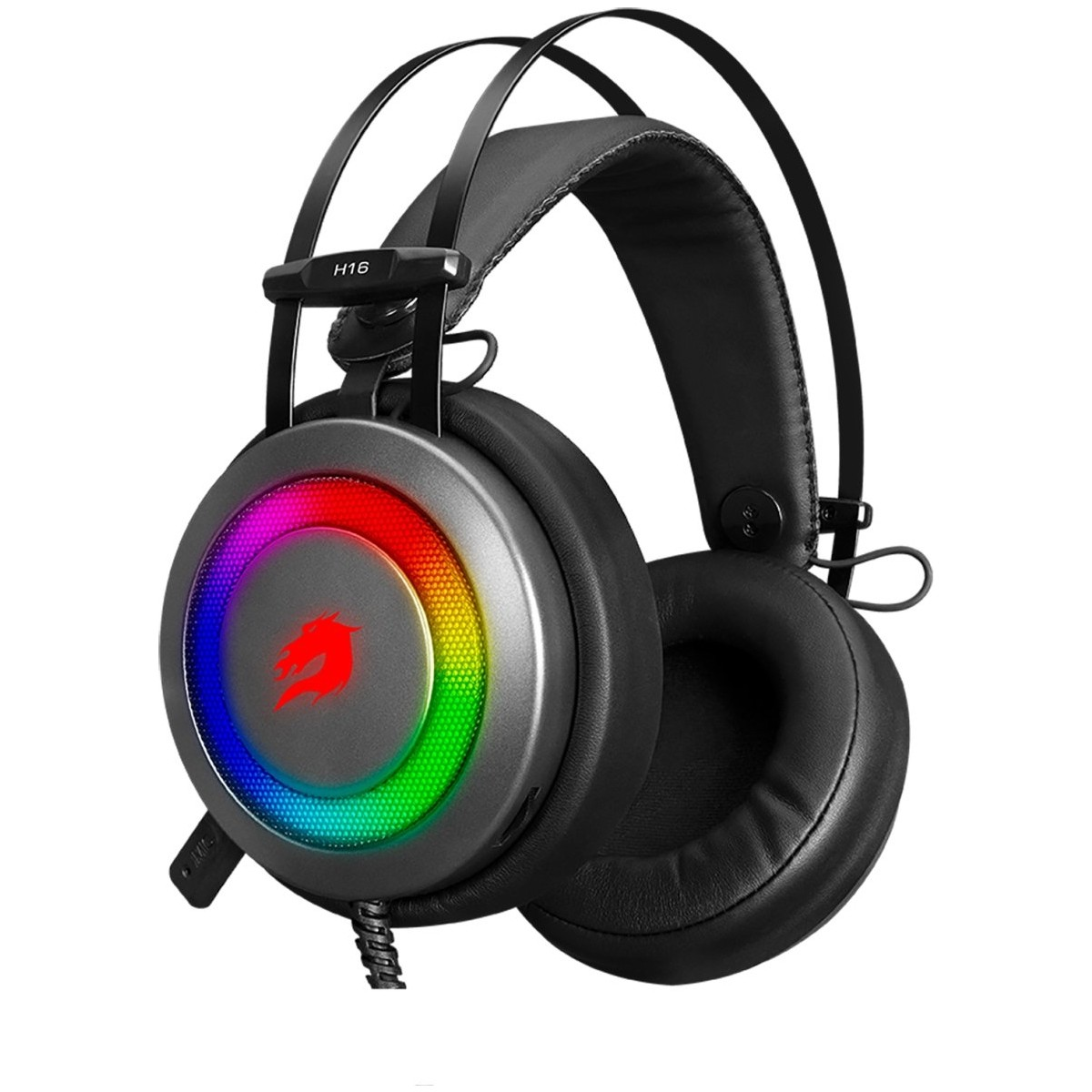 Kırmızı ejderha logolu, RGB aydınlatmalı siyah oyuncu kulaklığı.