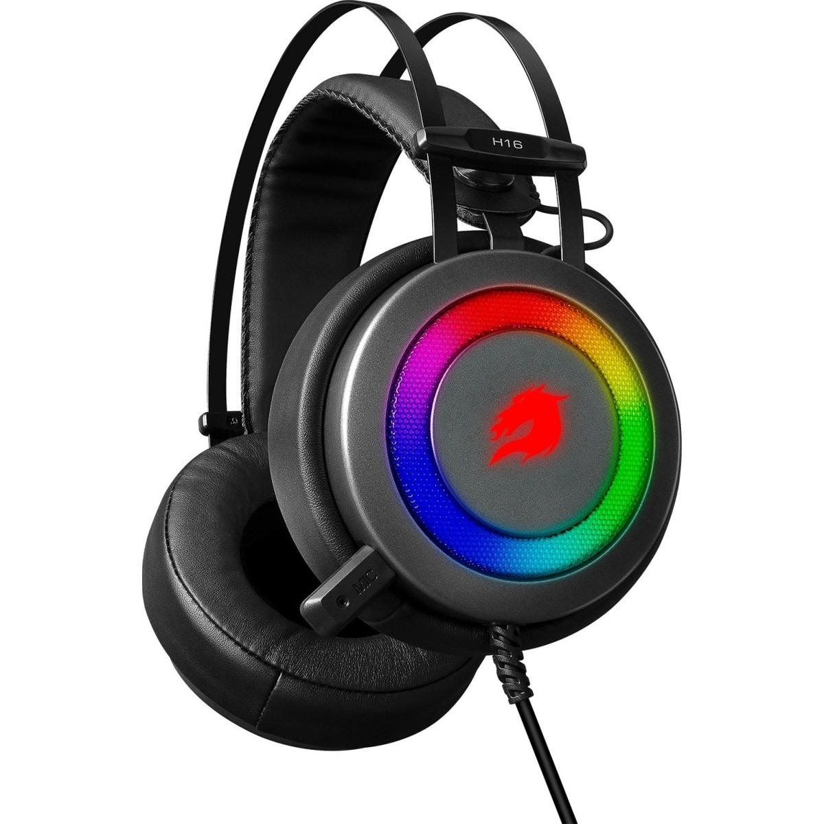 Kulaklıklarında RGB aydınlatma ve kırmızı ejderha logosu bulunan siyah oyuncu kulaklığı.