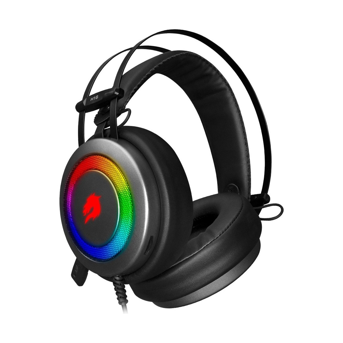 Sol kulaklıkta RGB aydınlatmalı ve kırmızı logolu siyah oyuncu kulaklığı.