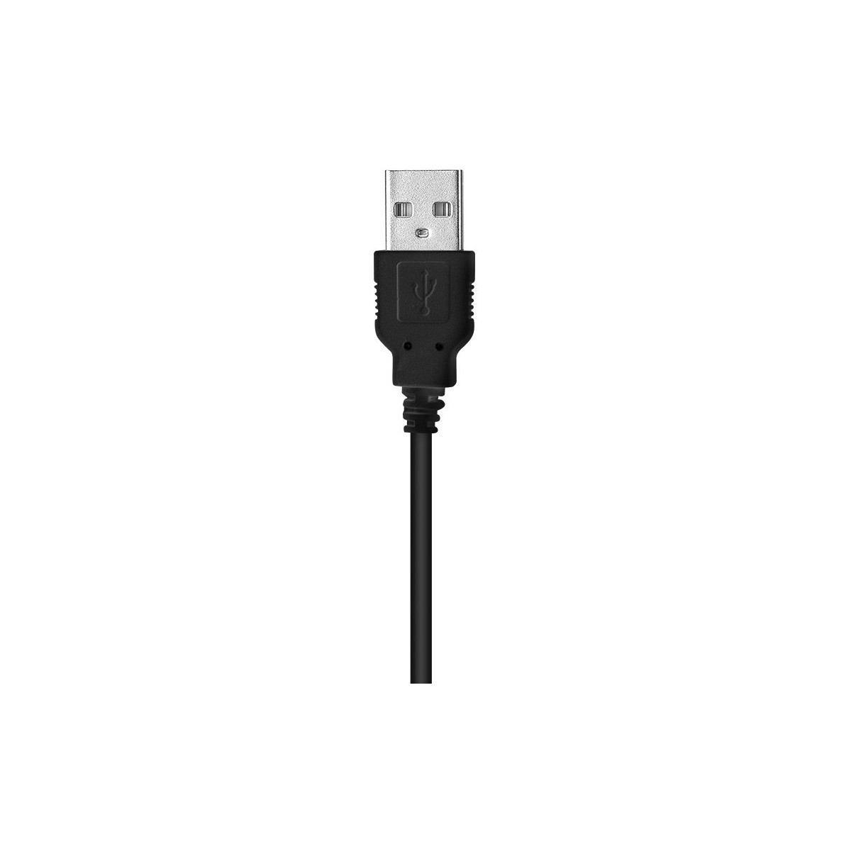 Gümüş konnektörlü ve USB sembollü siyah USB kablosu.