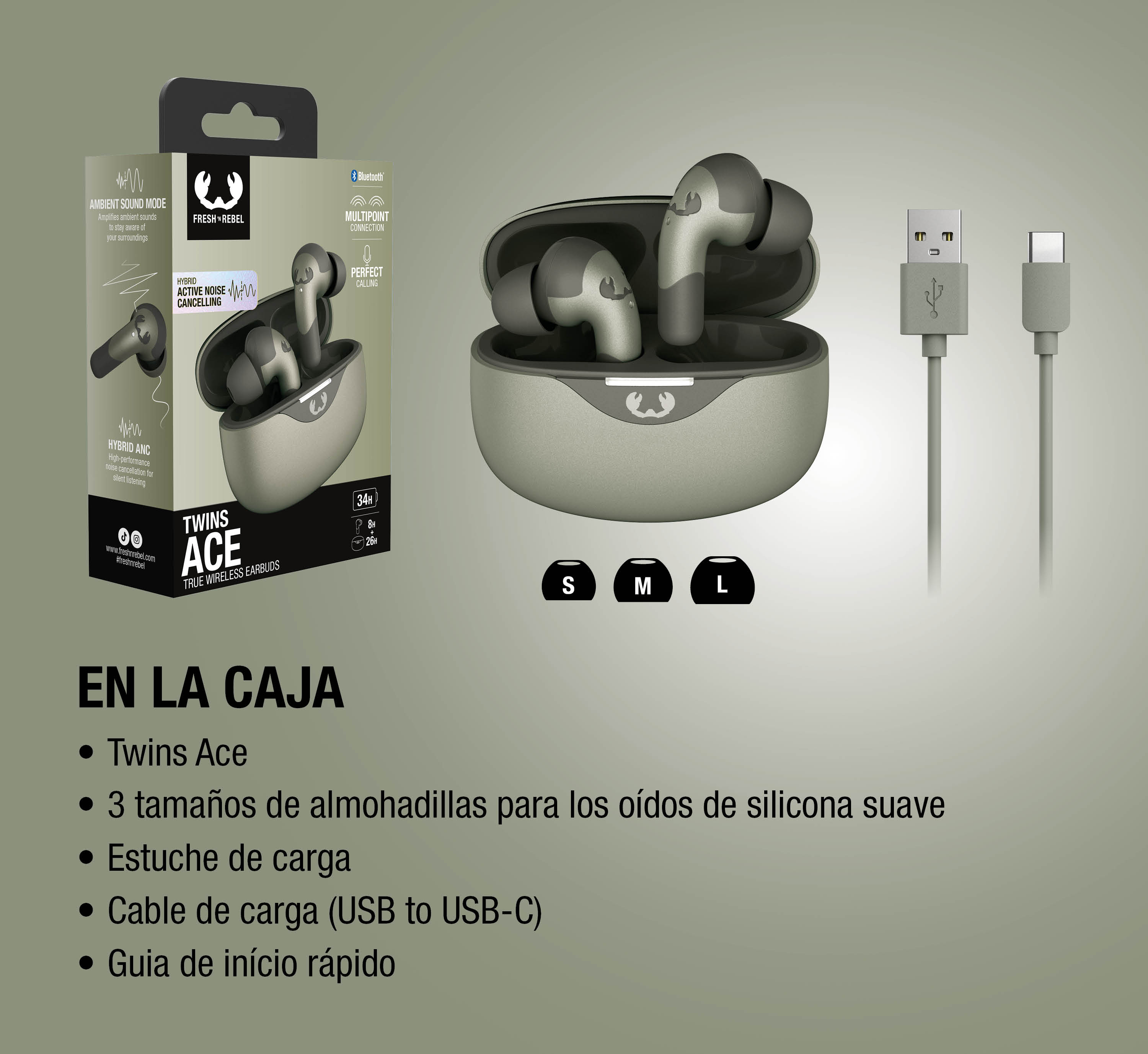 Auriculares inalámbricos Fresh 'n Rebel Twins Ace con estuche de carga y cable.