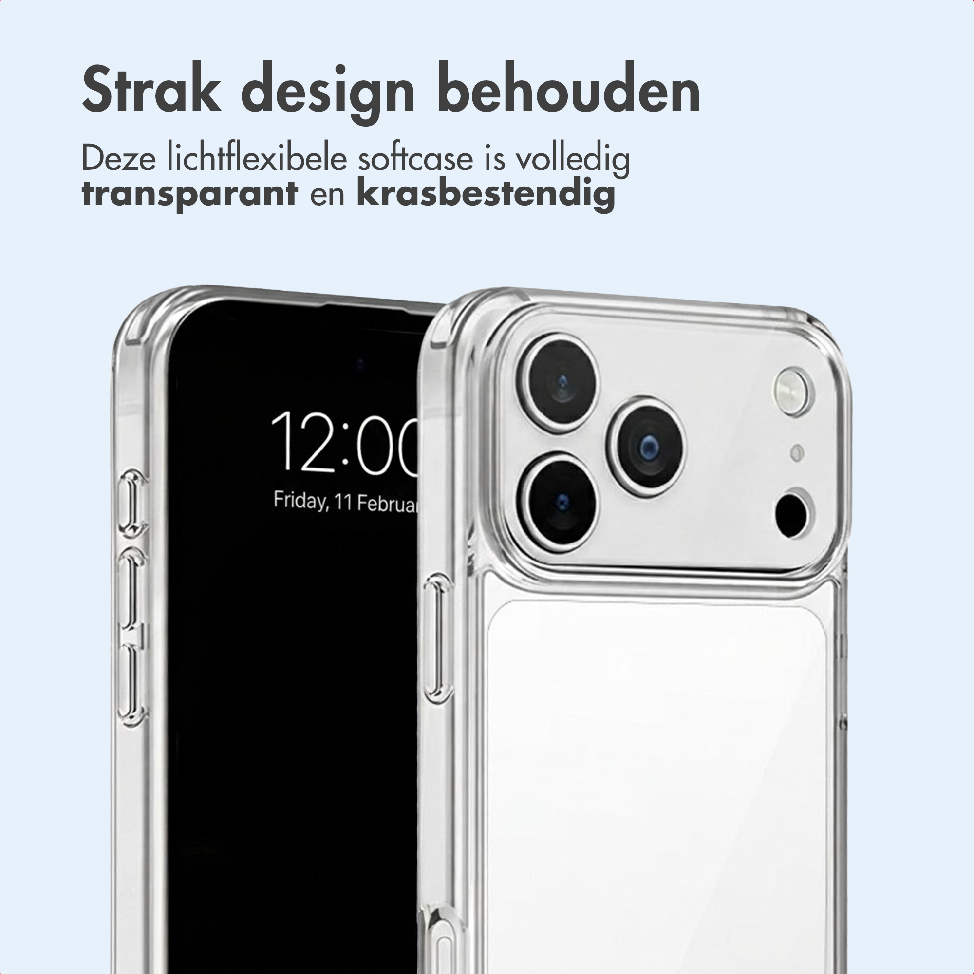 Transparente Handyhülle mit Kameraobjektiven und Uhrzeit auf dem Bildschirm.
