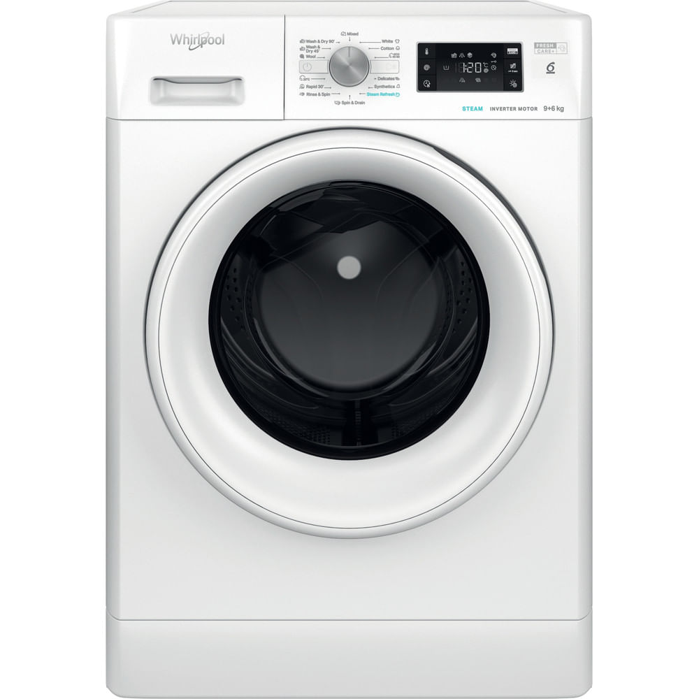 White Whirlpool washing machine with digital display and round door.