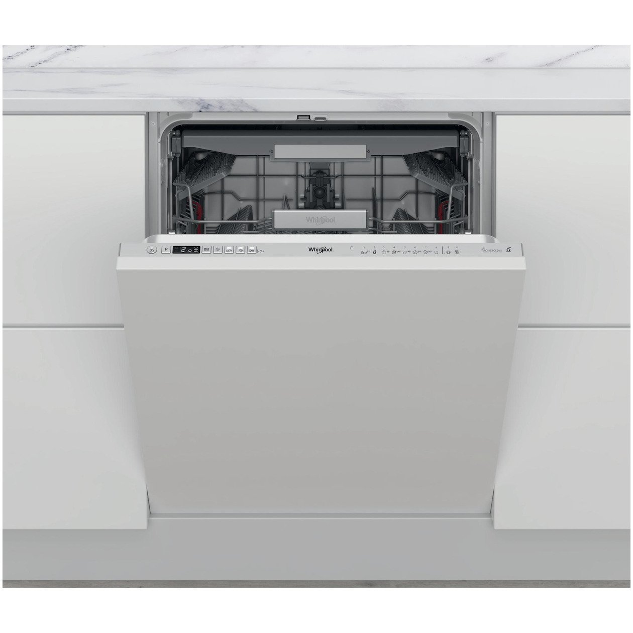 A white built-in dishwasher with its door open, revealing the interior.