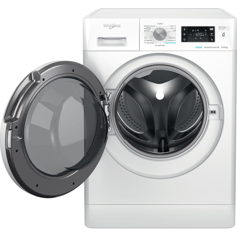 A white Whirlpool washing machine with its door open and a silver rim.