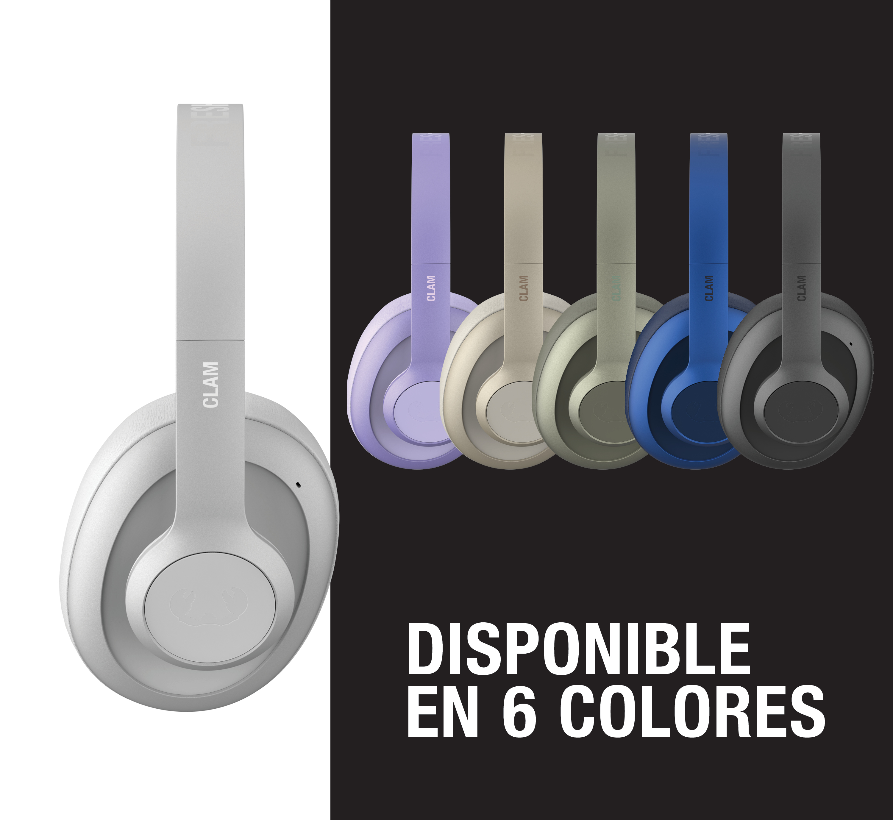 Un audífono gris claro a la izquierda, con cinco más en morado, beige, verde, azul y gris.