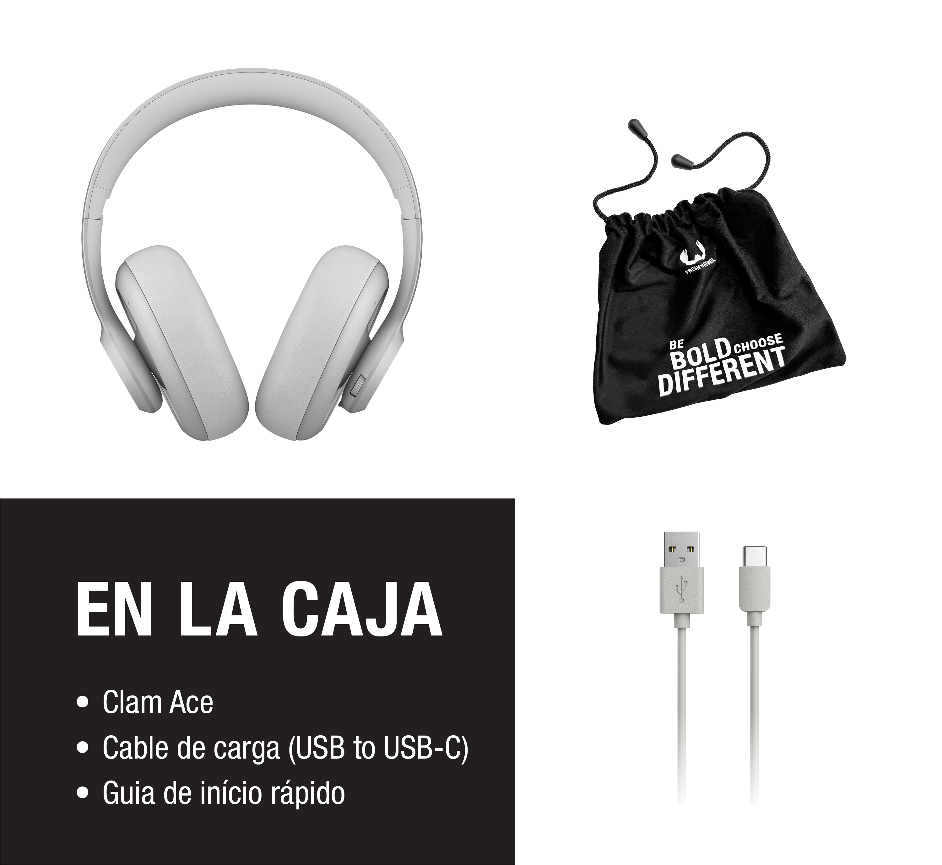 Auriculares grises, bolsa negra con texto, cable USB-C sobre fondo blanco.