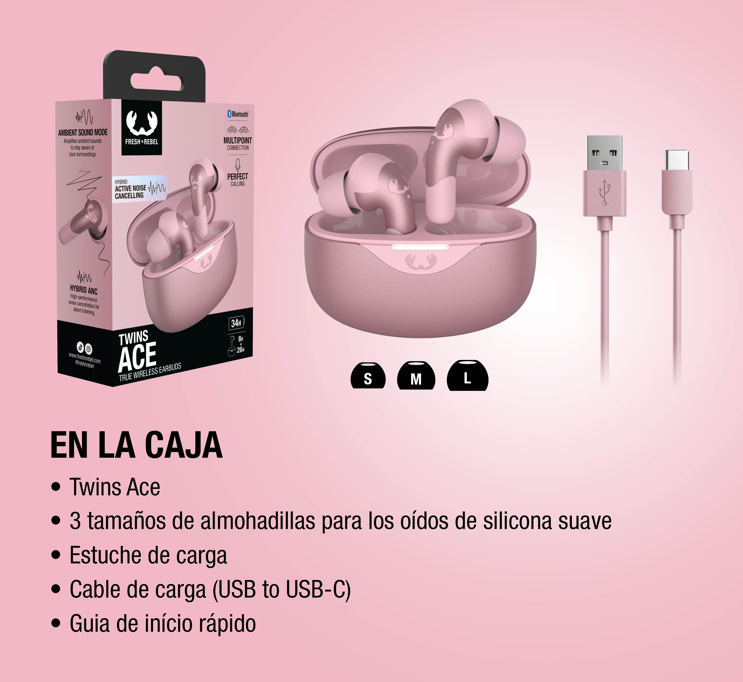 Auriculares Fresh 'n Rebel Twins Ace rosas en estuche con cable USB-C y tallas.