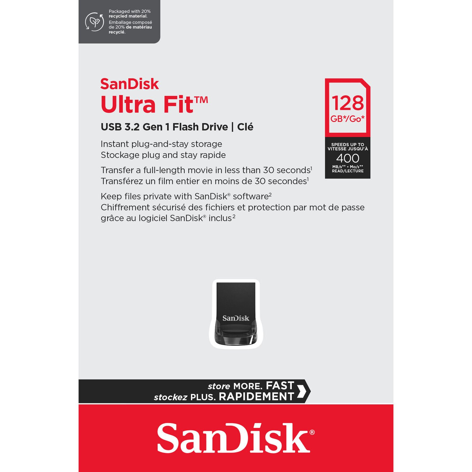 SanDisk Ultra Fit 128GB USB 3.2 Gen 1 Flash Drive. Packaged with 20% recycled material.
