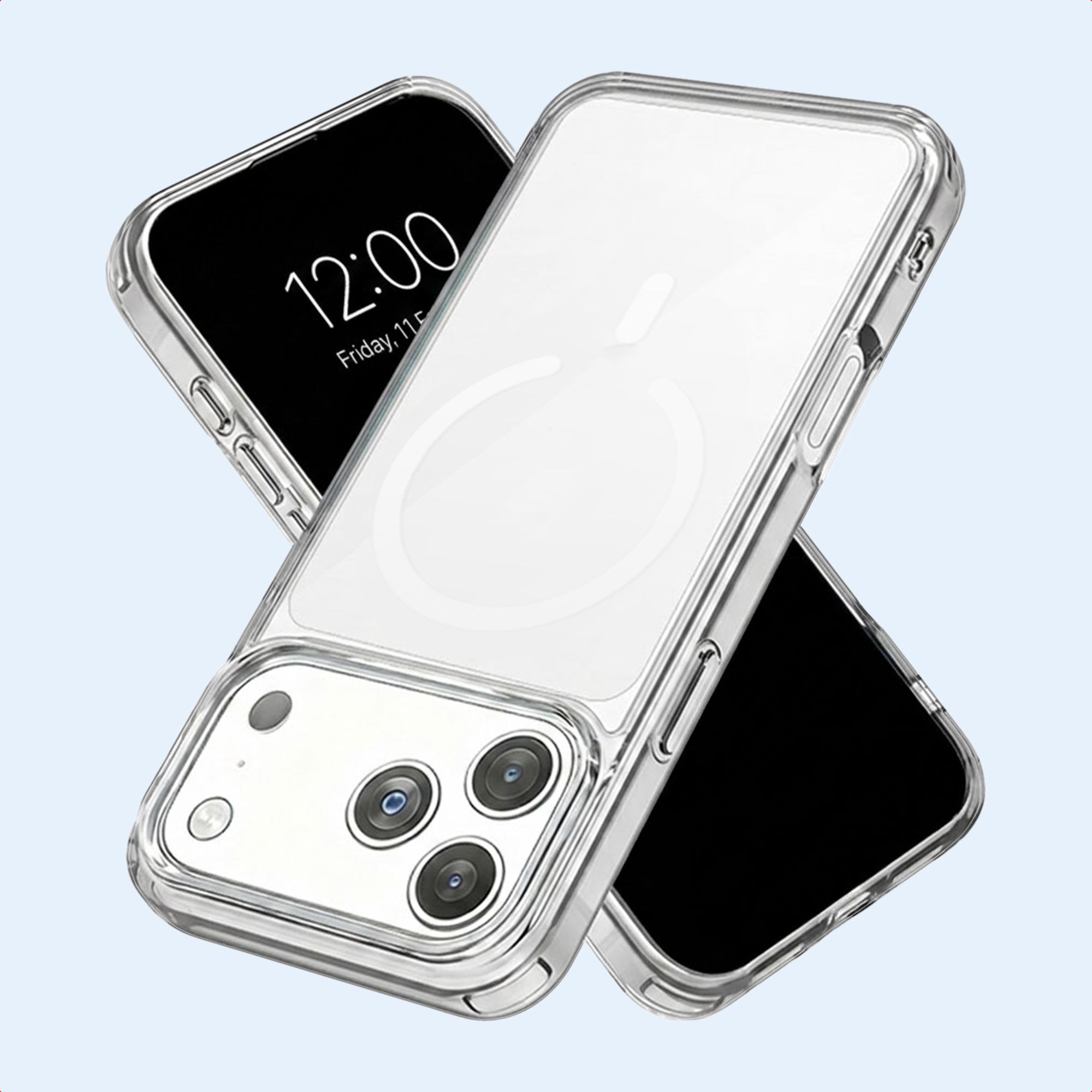 Twee doorzichtige telefoonhoesjes, één toont 12:00 en camerasysteem.