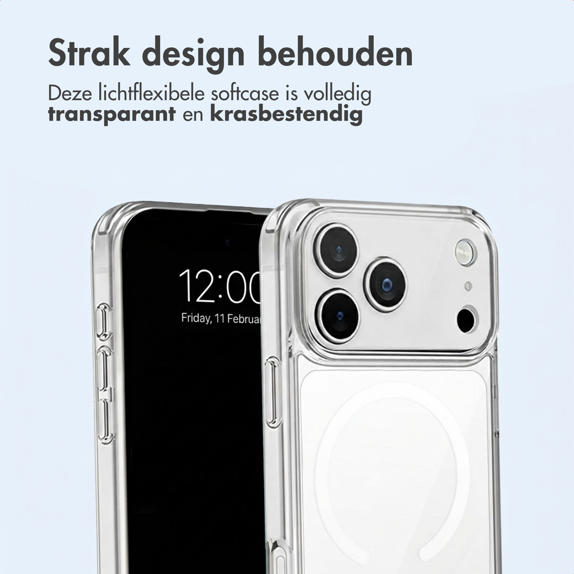 Doorzichtige telefoonhoes met cameramodule en scherm met tijd.