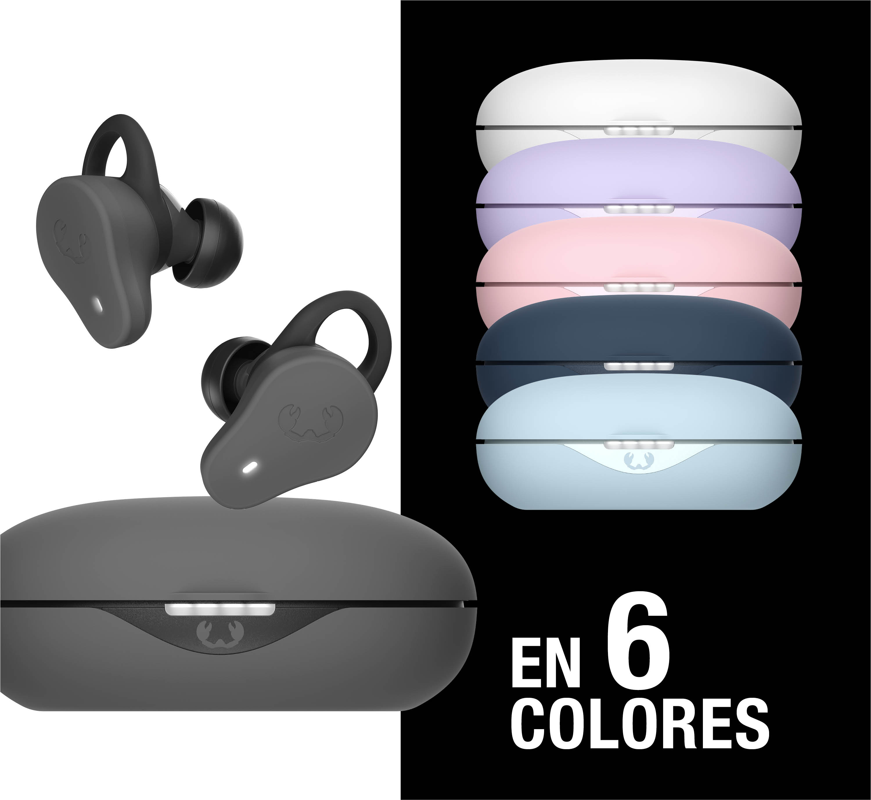 Auriculares grises con estuche de carga y estuches coloridos apilados.