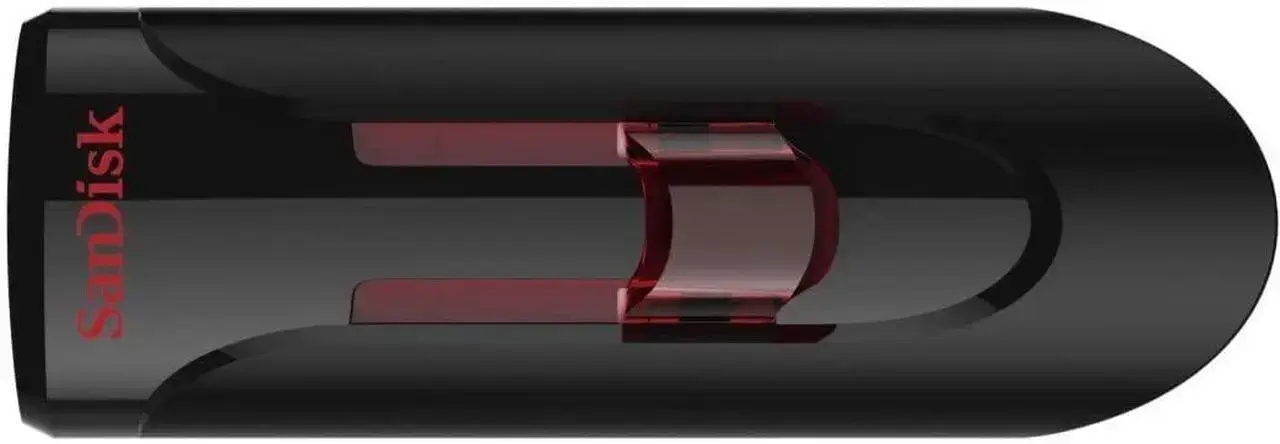 Unidad USB negra con detalles rojos y logo de SanDisk.