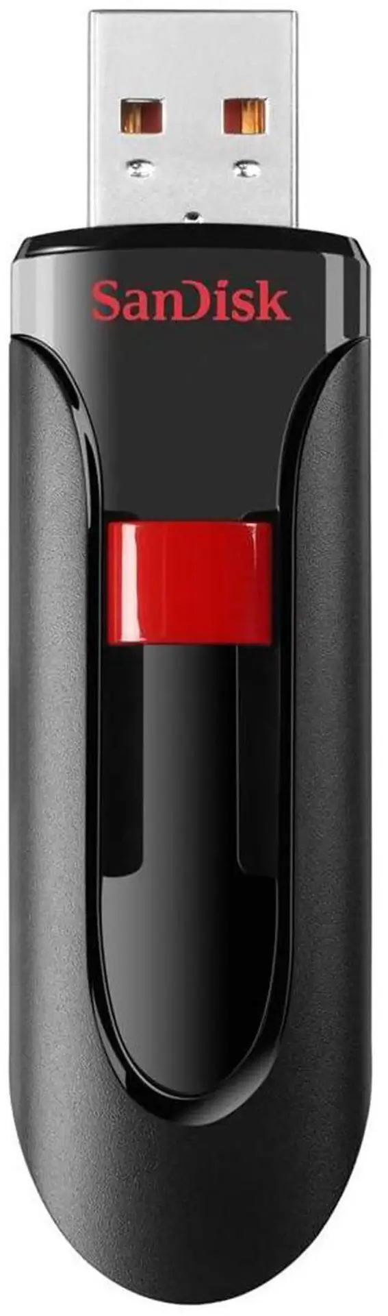 Memoria USB SanDisk negra con deslizador rojo y conector plateado.
