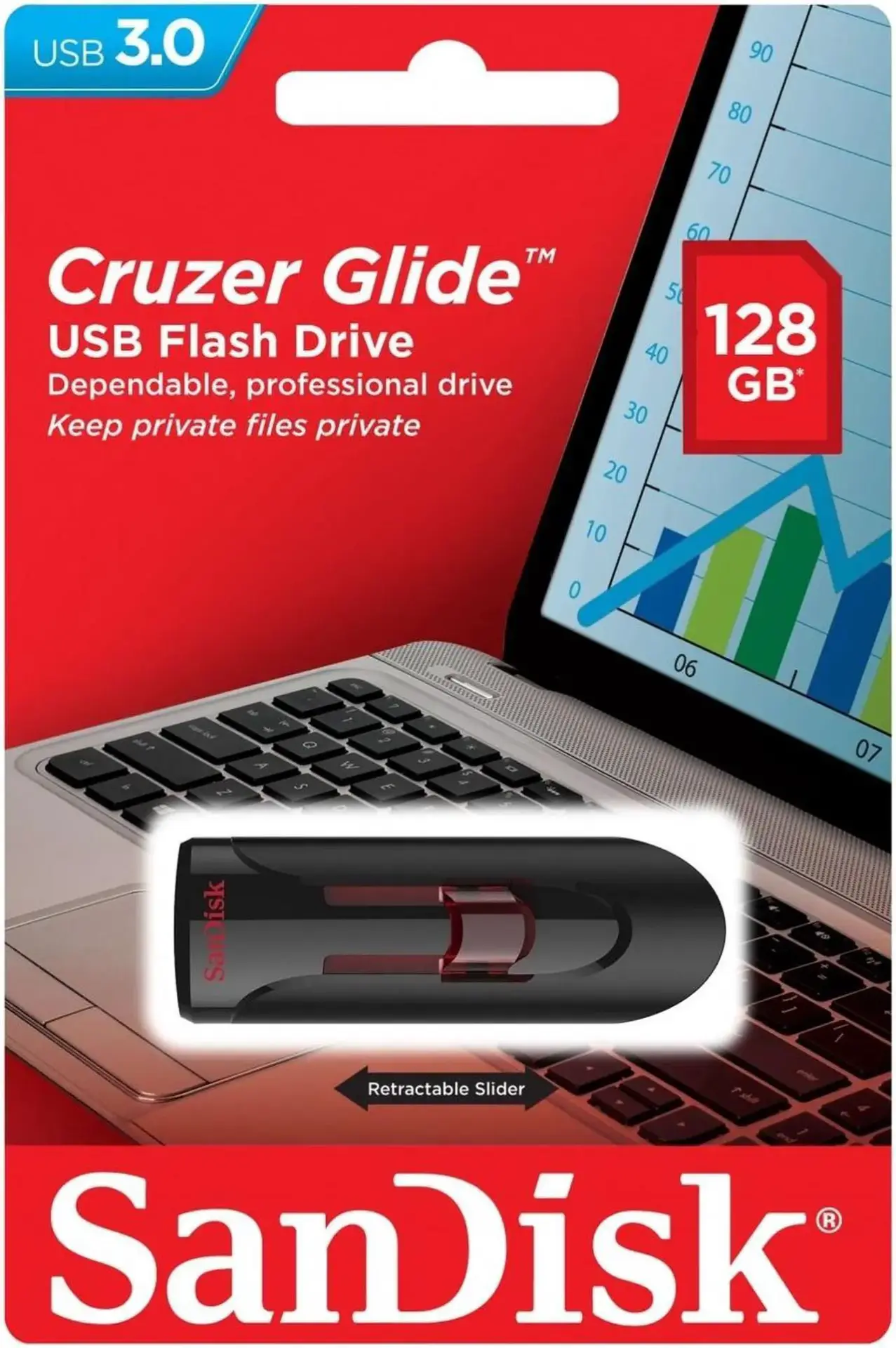 Unidad USB 3.0 SanDisk Cruzer Glide de 128 GB sobre teclado de portátil.