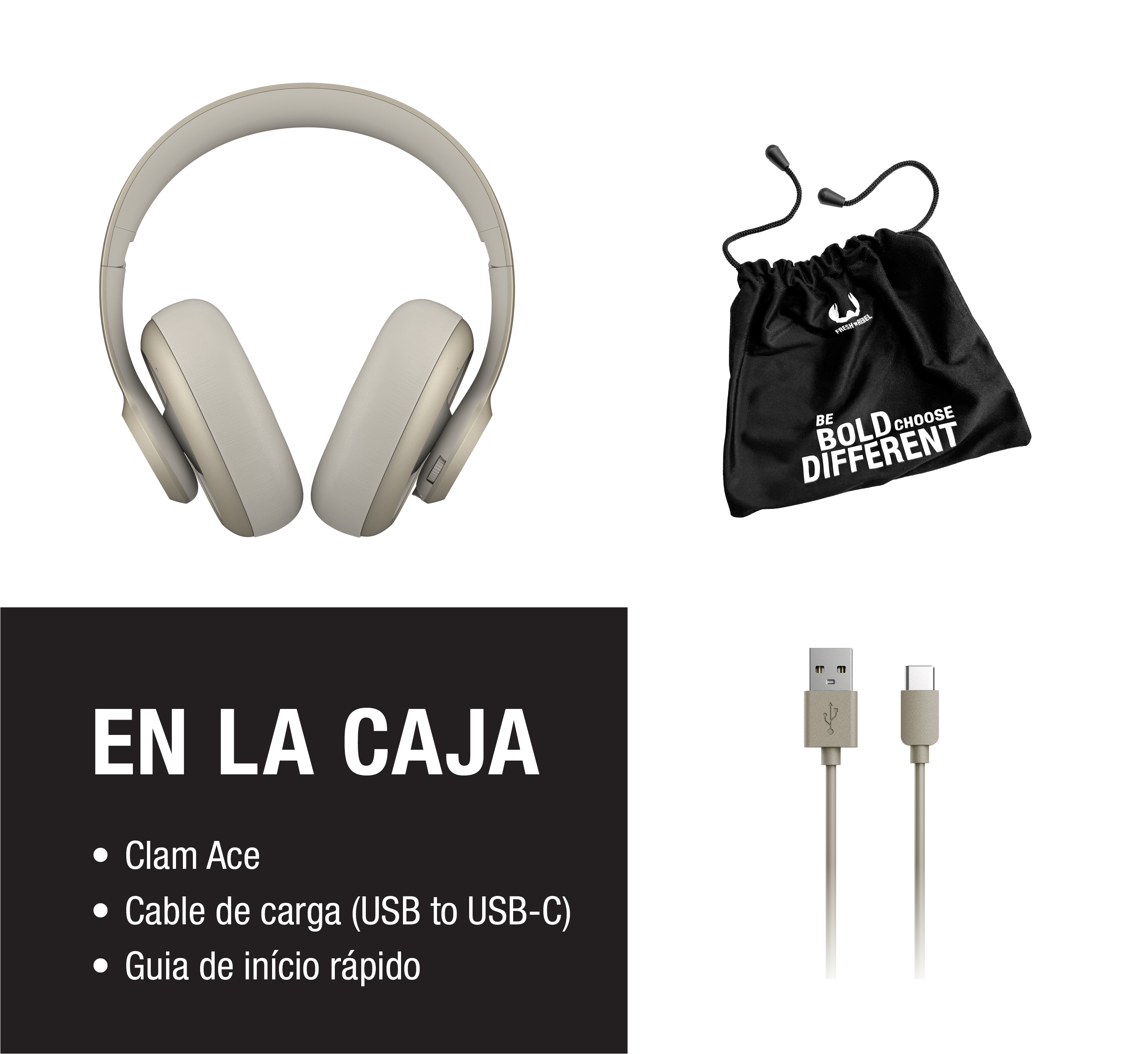 Auriculares beige, bolsa negra, cable USB-C, texto en español.