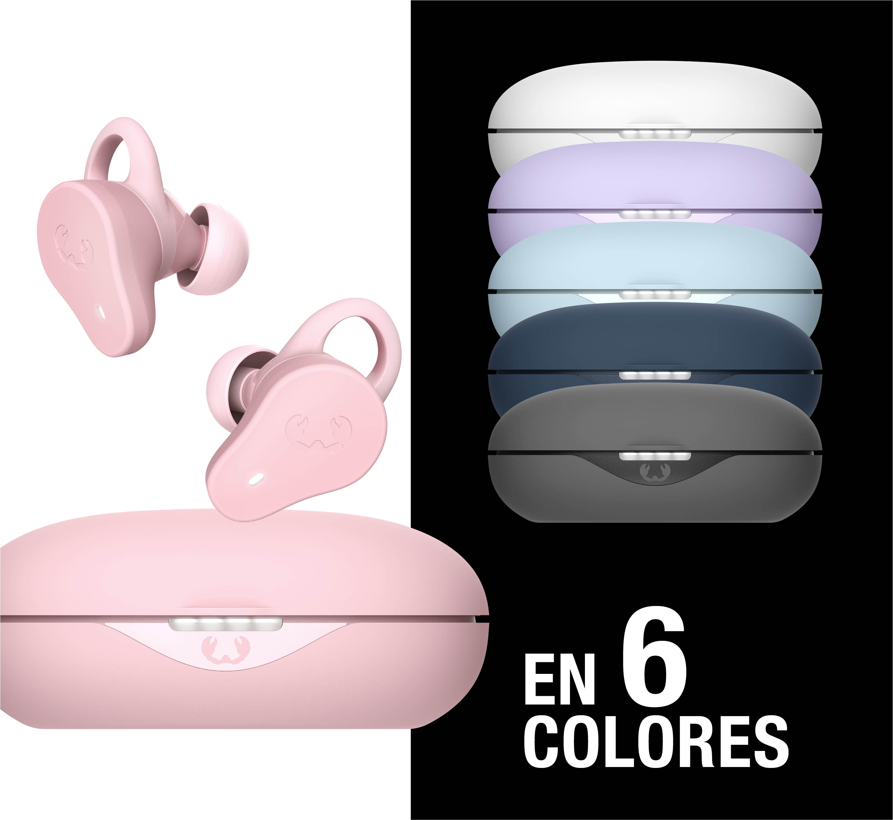 Un audífono y estuche de carga rosa, junto a estuches apilados en 6 colores.