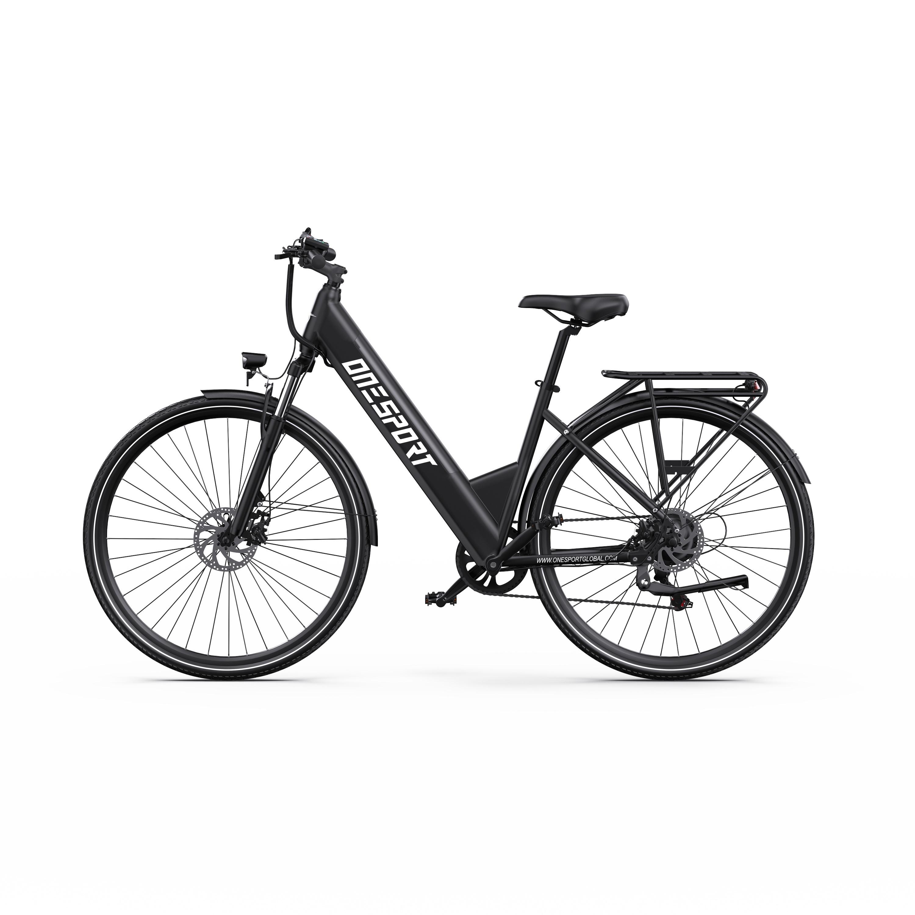 Una bicicleta eléctrica negra con portaequipajes, guardabarros y faro.