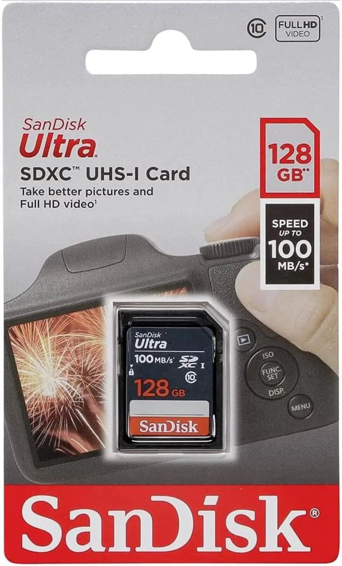 SanDisk Ultra 128GB SDXC UHS-I kaart met camera en vuurwerk