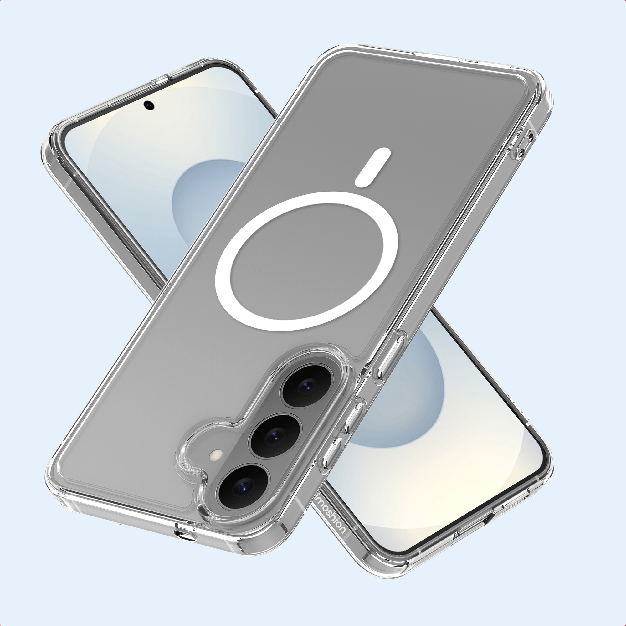 Coque de téléphone transparente avec anneau magnétique blanc sur un téléphone.