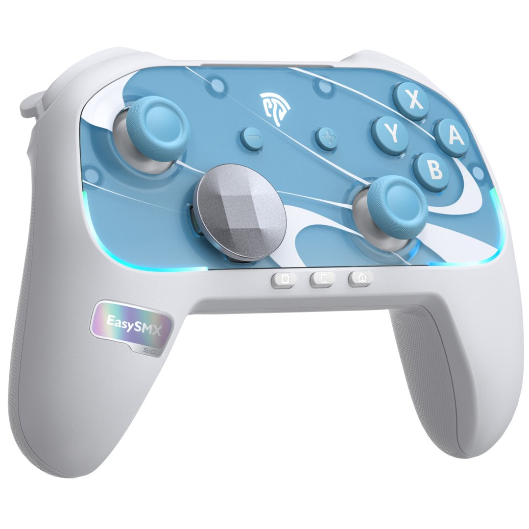 Biay kontroler do gier z niebieskimi wzorami fal, joystickami i przyciskami.