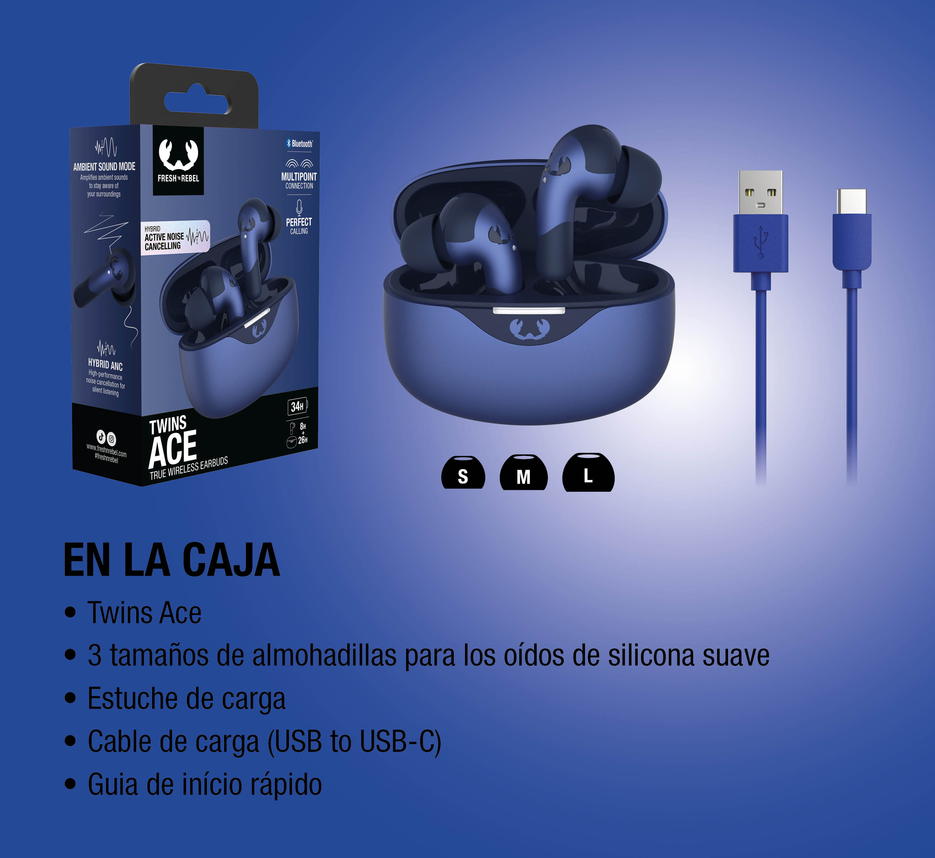 Auriculares azules Fresh 'n Rebel Twins Ace con estuche de carga y cable USB-C.