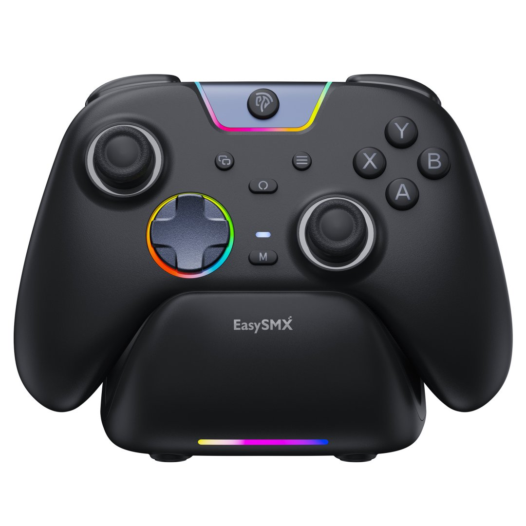 Czarny kontroler do gier z oświetleniem RGB na stacji dokującej.