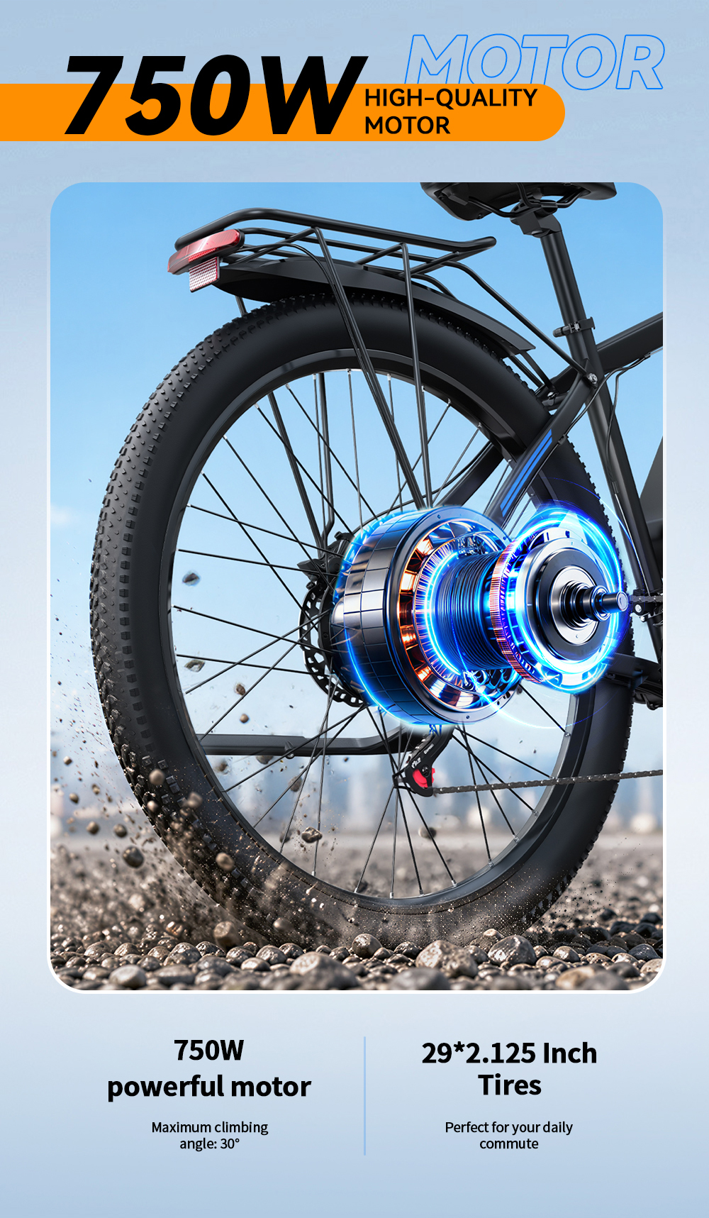Primo piano della ruota posteriore di una e-bike con motore da 750W e accenti blu luminosi.