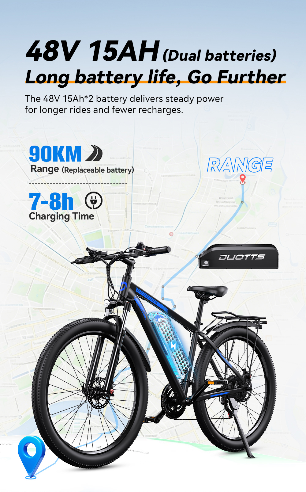 Bicicletta elettrica nera con batteria luminosa, autonomia 90 km, carica 7-8 ore.