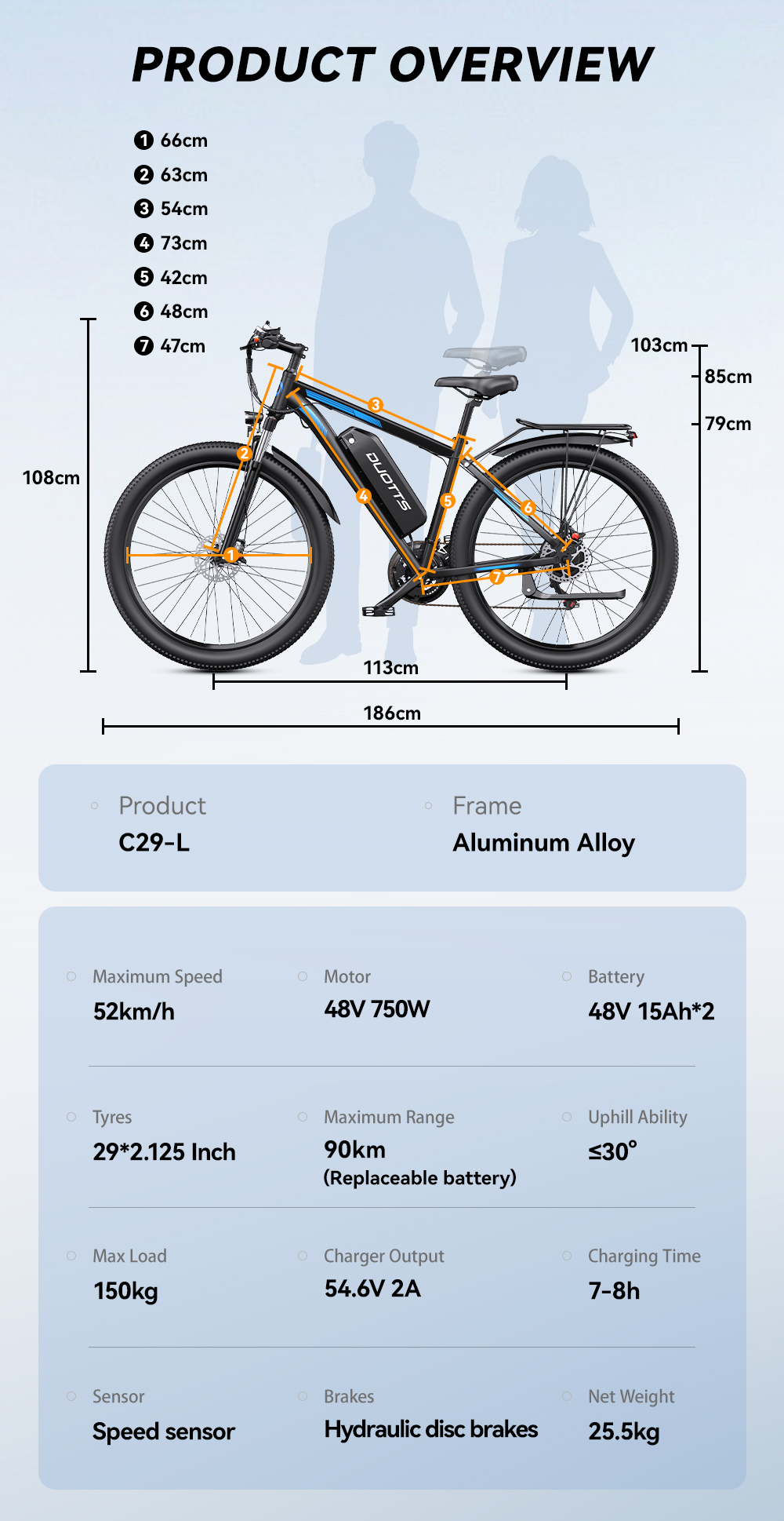 Specifiche prodotto e-bike: dimensioni, velocità, motore, batteria, autonomia, freni, carico.