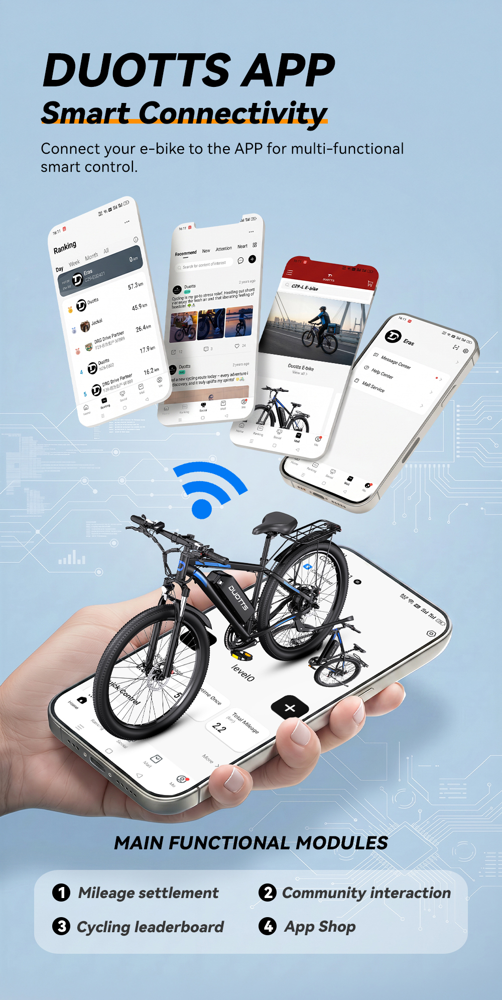 Uno smartphone mostra un'app per e-bike con autonomia e una bicicletta.