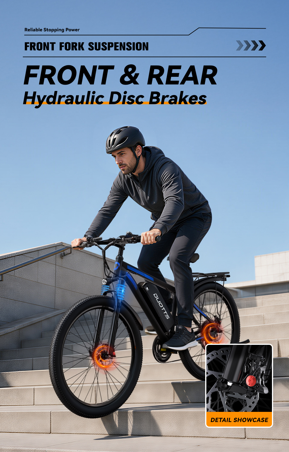 Uomo guida e-bike con freni a disco idraulici su scale di pietra.
