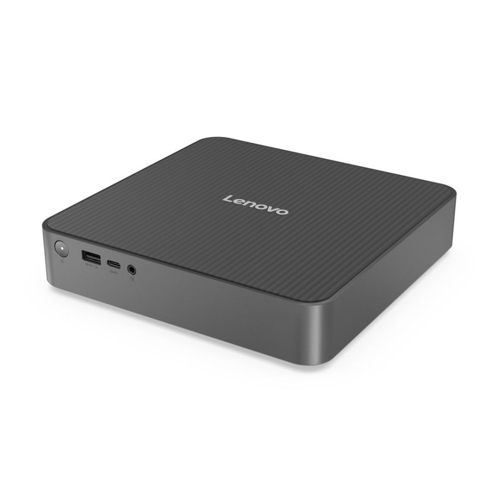 Kompaktowy, ciemnoszary mini PC Lenovo z żebrowanym blatem i portami z przodu.