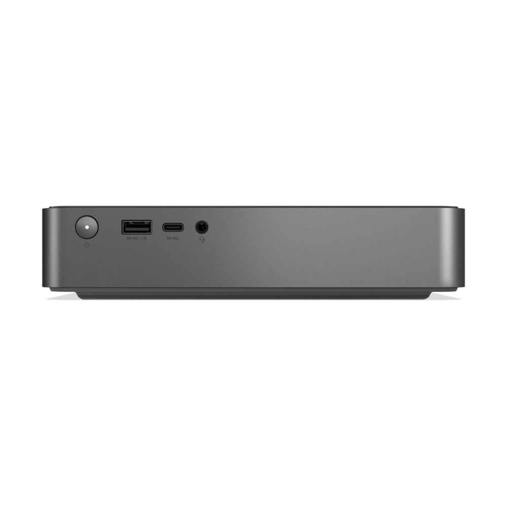 Szary mini PC z portami USB-A, USB-C, gniazdem słuchawkowym i przyciskiem zasilania.