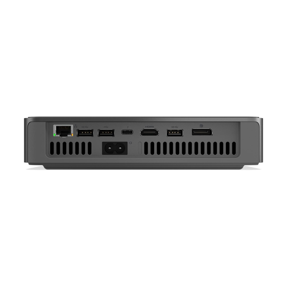 Tył szarego mini PC z portami: LAN, USB, HDMI, zasilanie.