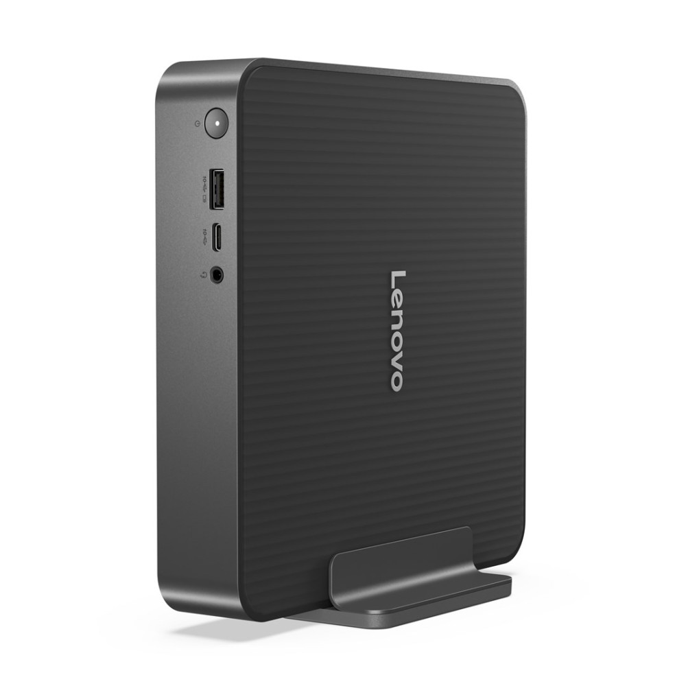 Kompaktowy czarny mini PC Lenovo na podstawce, z portami USB i gniazdem audio.