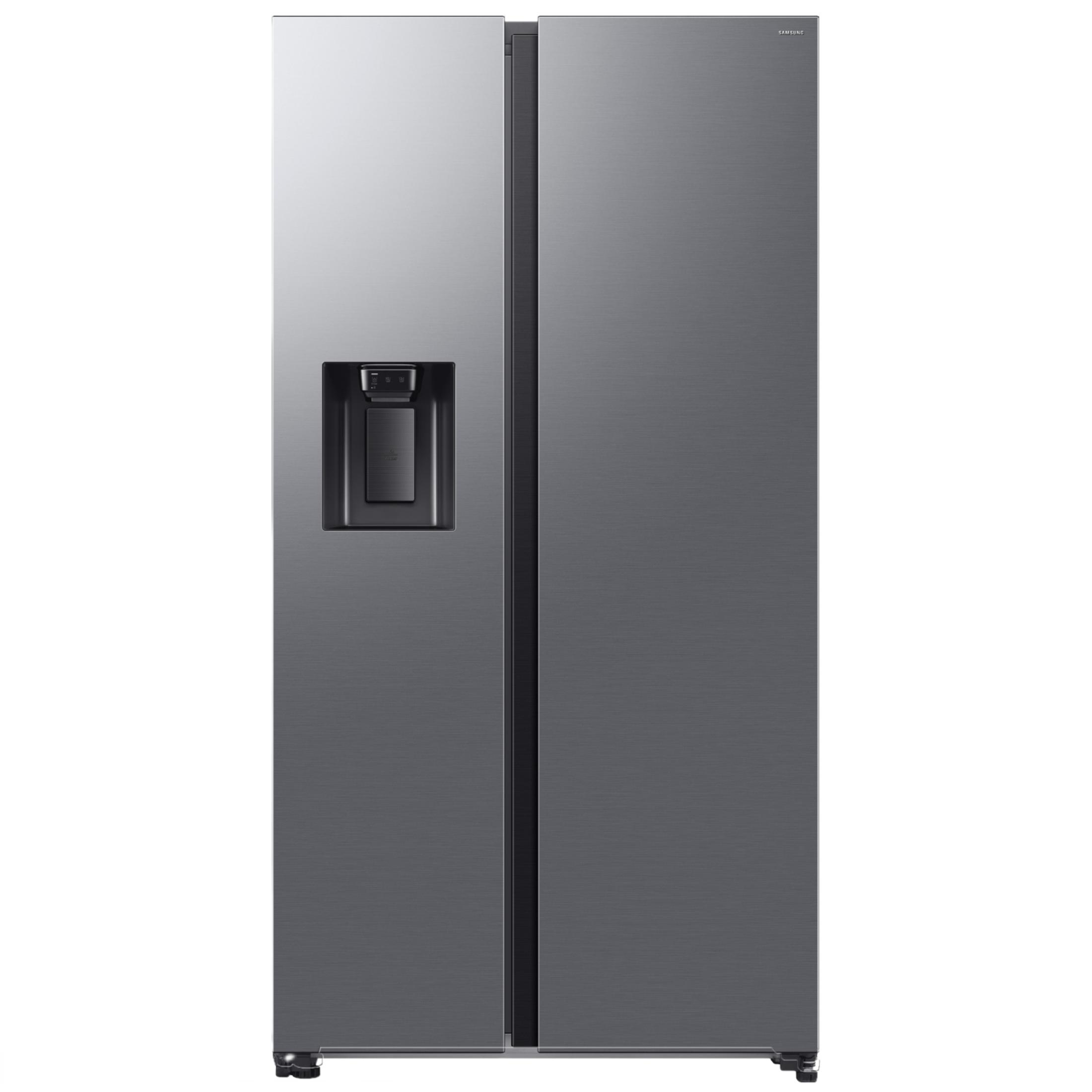 Grauer Samsung Kühlschrank mit Wasserspender und seitlicher Türöffnung.