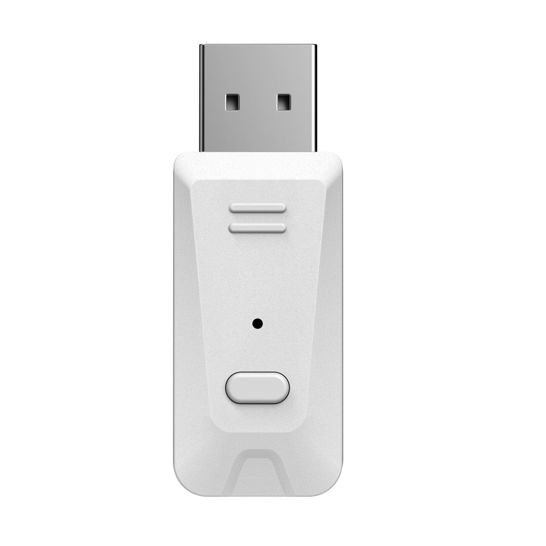 Biały klucz USB z stylizowanym symbolem "= " i przyciskiem.