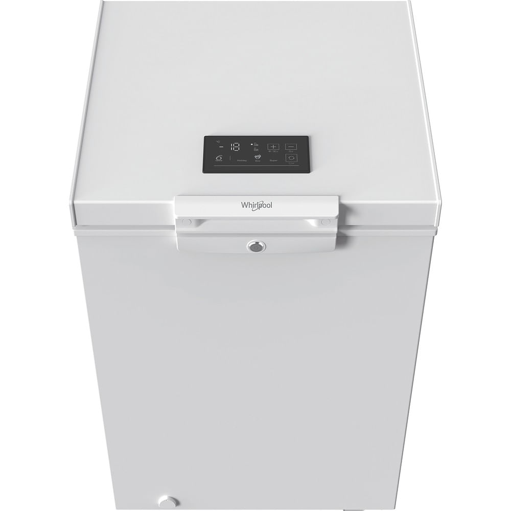 A white chest freezer with a digital display and Whirlpool logo.
