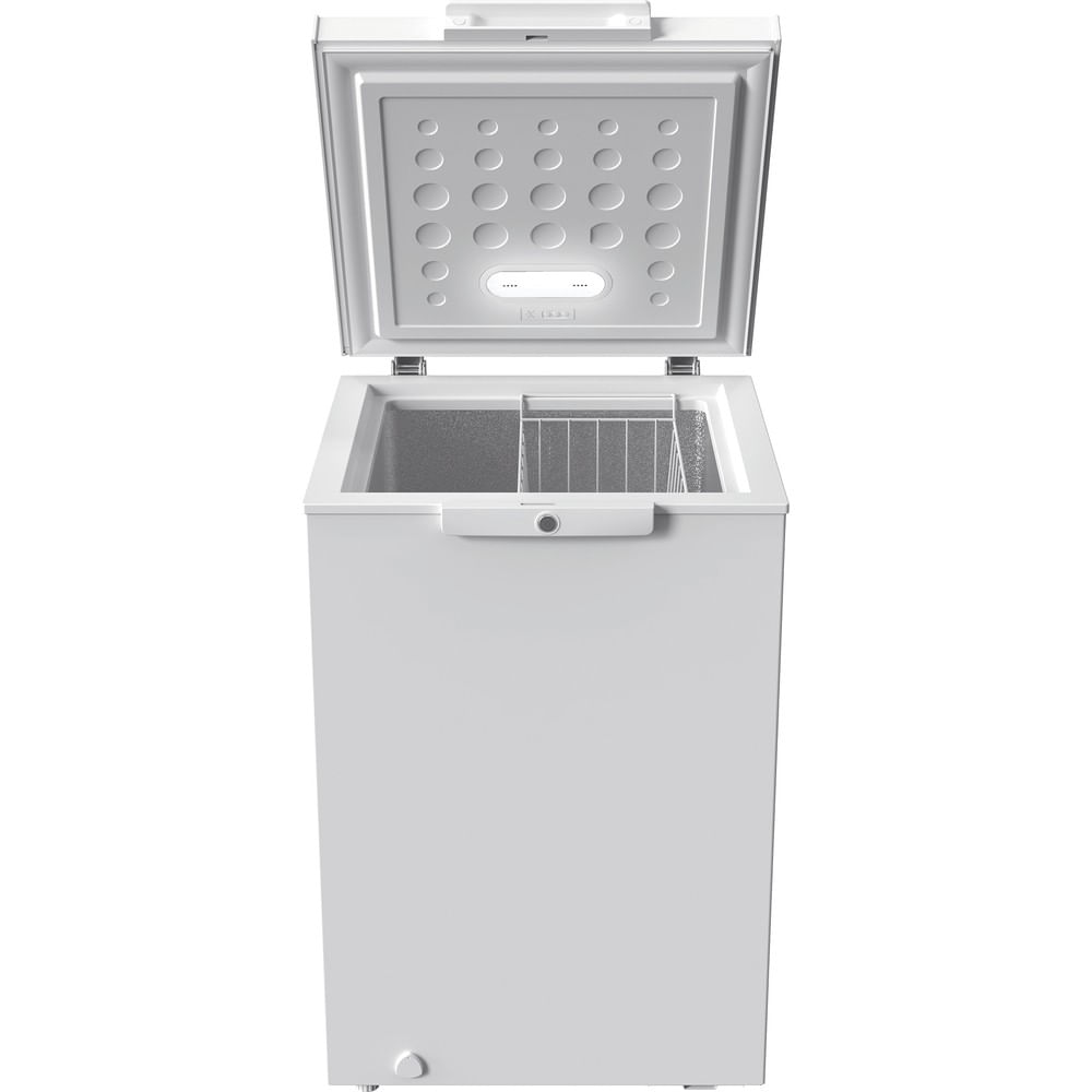 A white chest freezer with its lid open, showing a wire basket inside.
