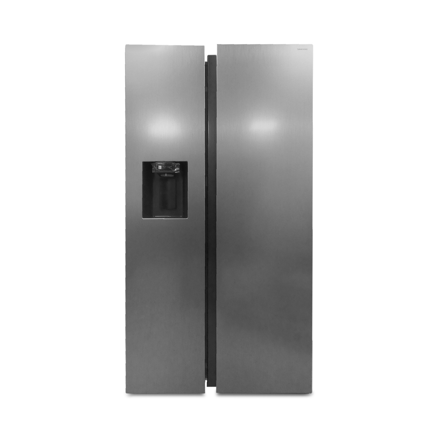 Ein silberner Side-by-Side-Kühlschrank mit Wasserspender.