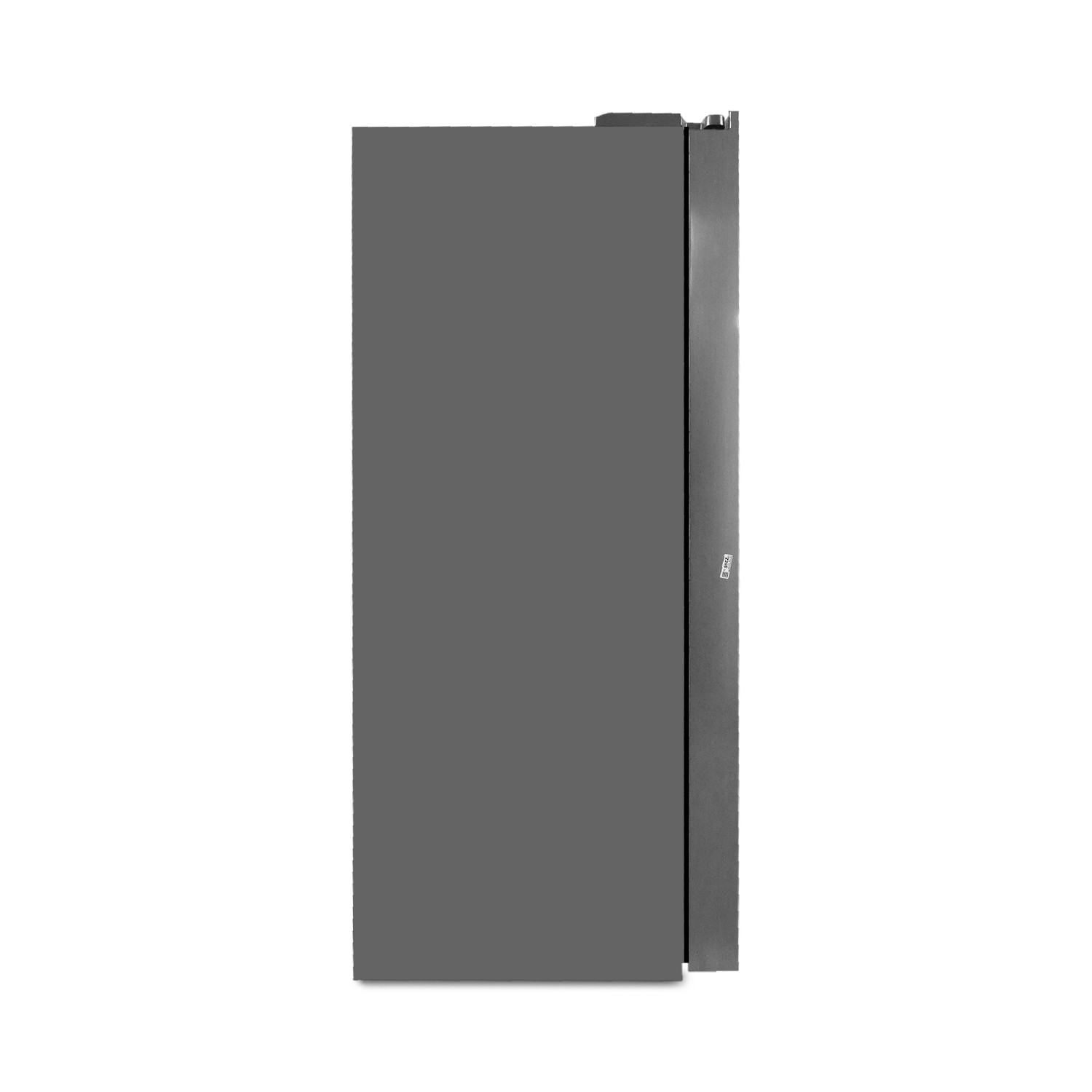 Graues Rechteck auf weißem Hintergrund, links ein Kühlschrank.