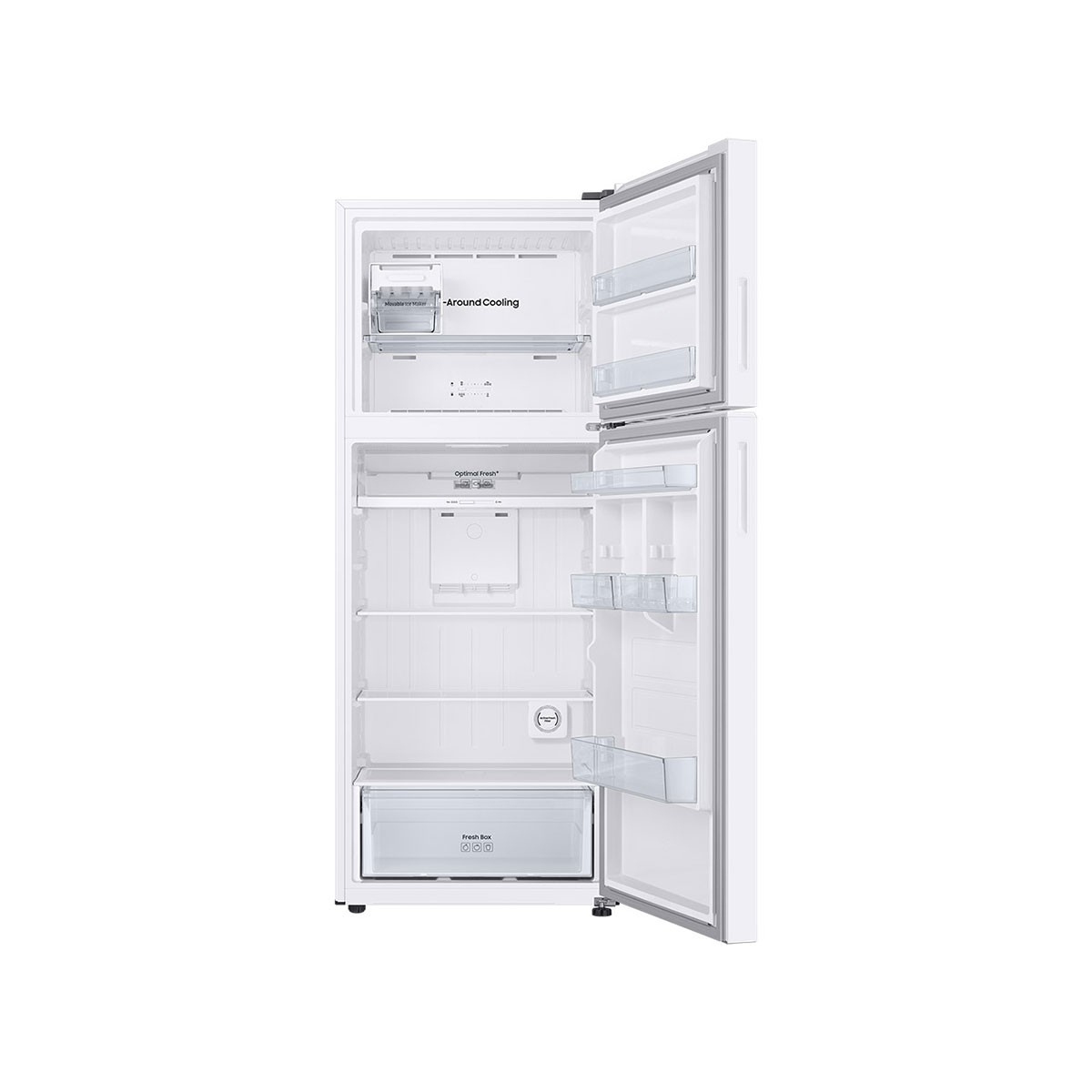 Un refrigerador blanco abierto con congelador superior y varios estantes de vidrio.