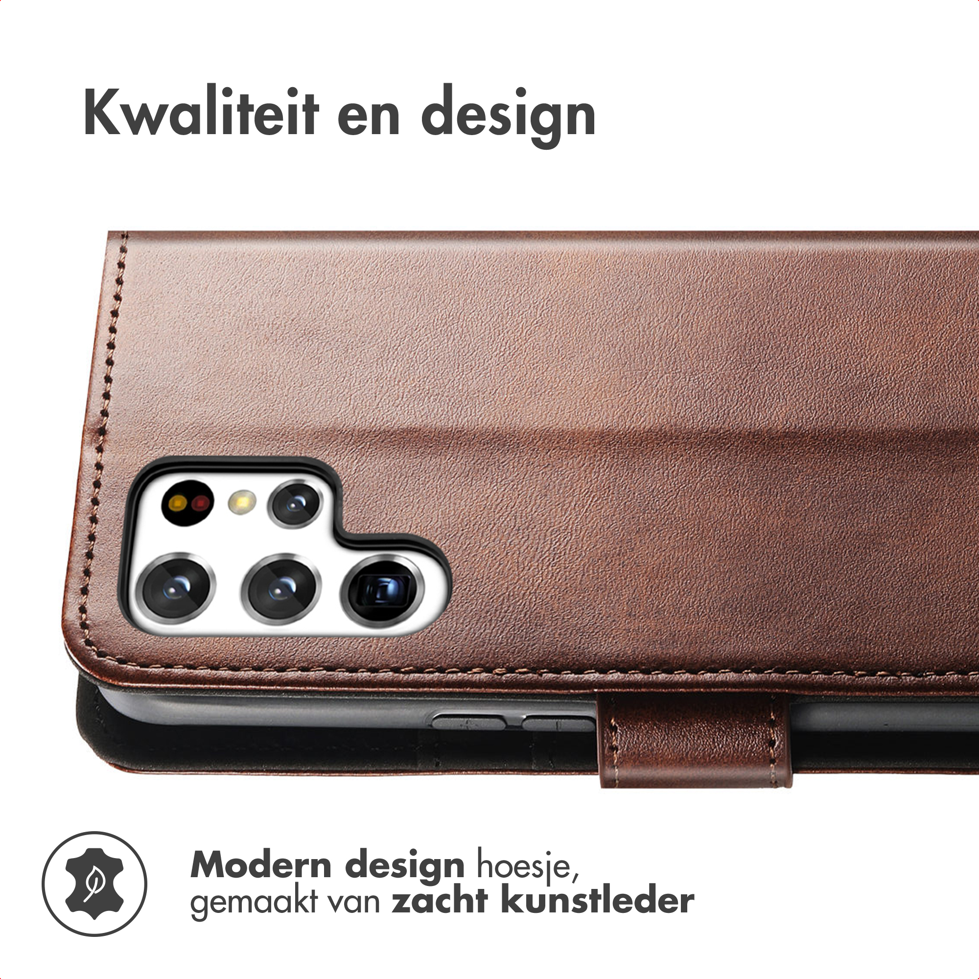 Étui de téléphone en cuir marron montrant des objectifs de caméra et des détails de couture.