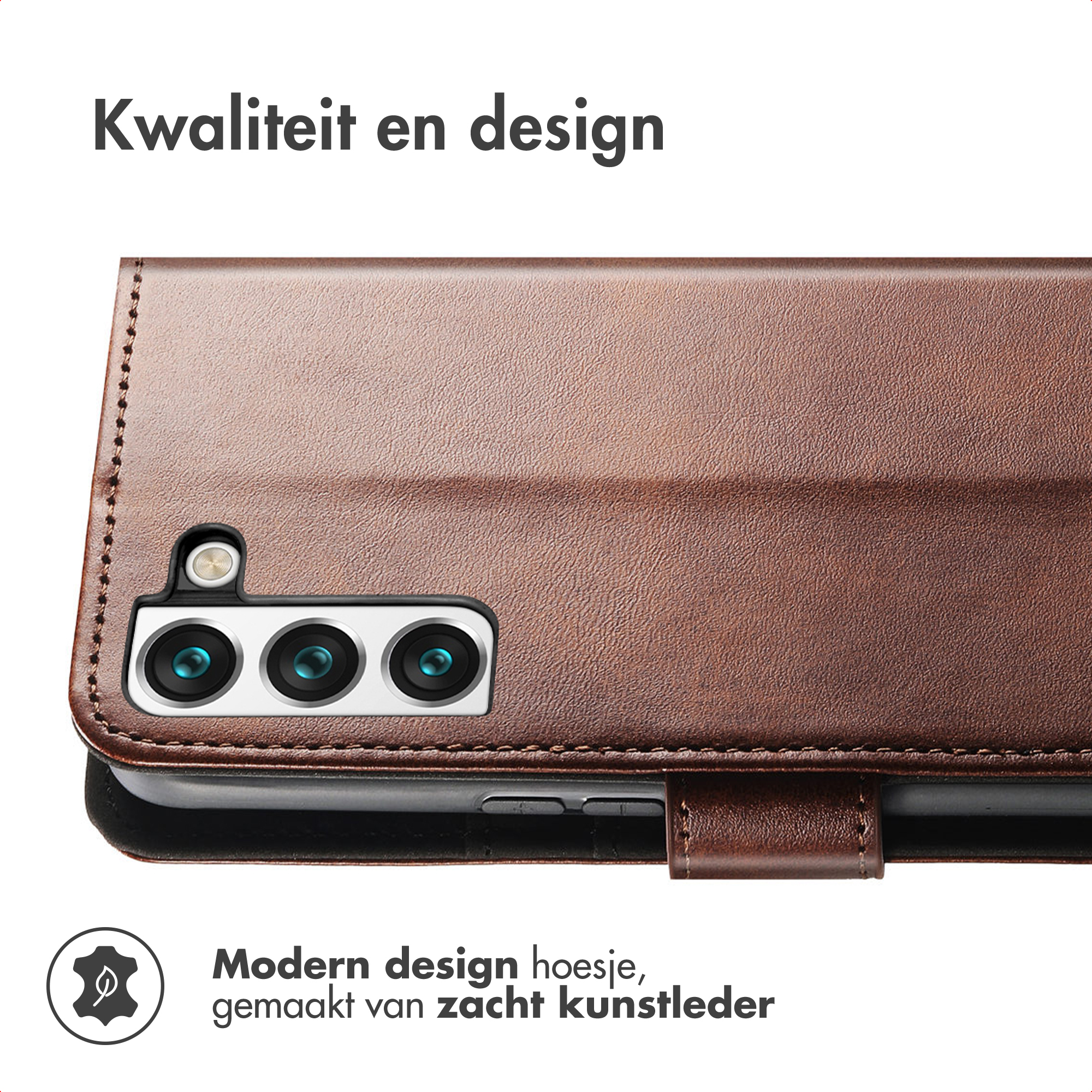 Brown leather phone case with a triple camera setup.