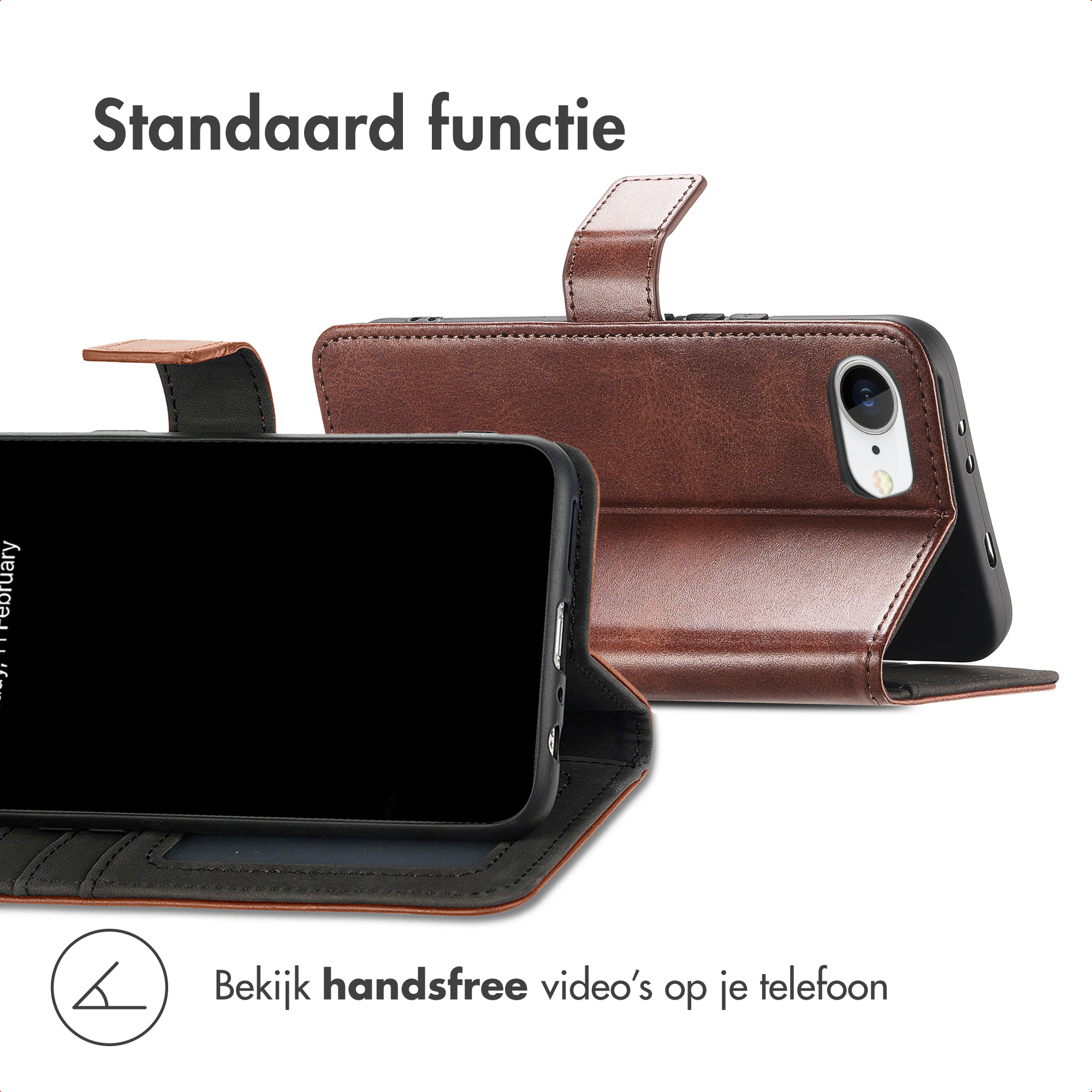 Braune Handyhülle in Standfunktion mit freiem Blick auf das Telefon.