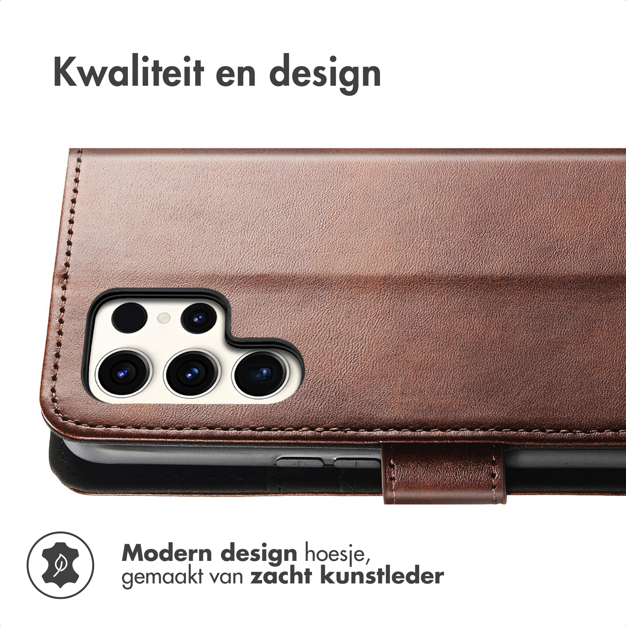 Bruin leren hoesje toont smartphone cameramodule.