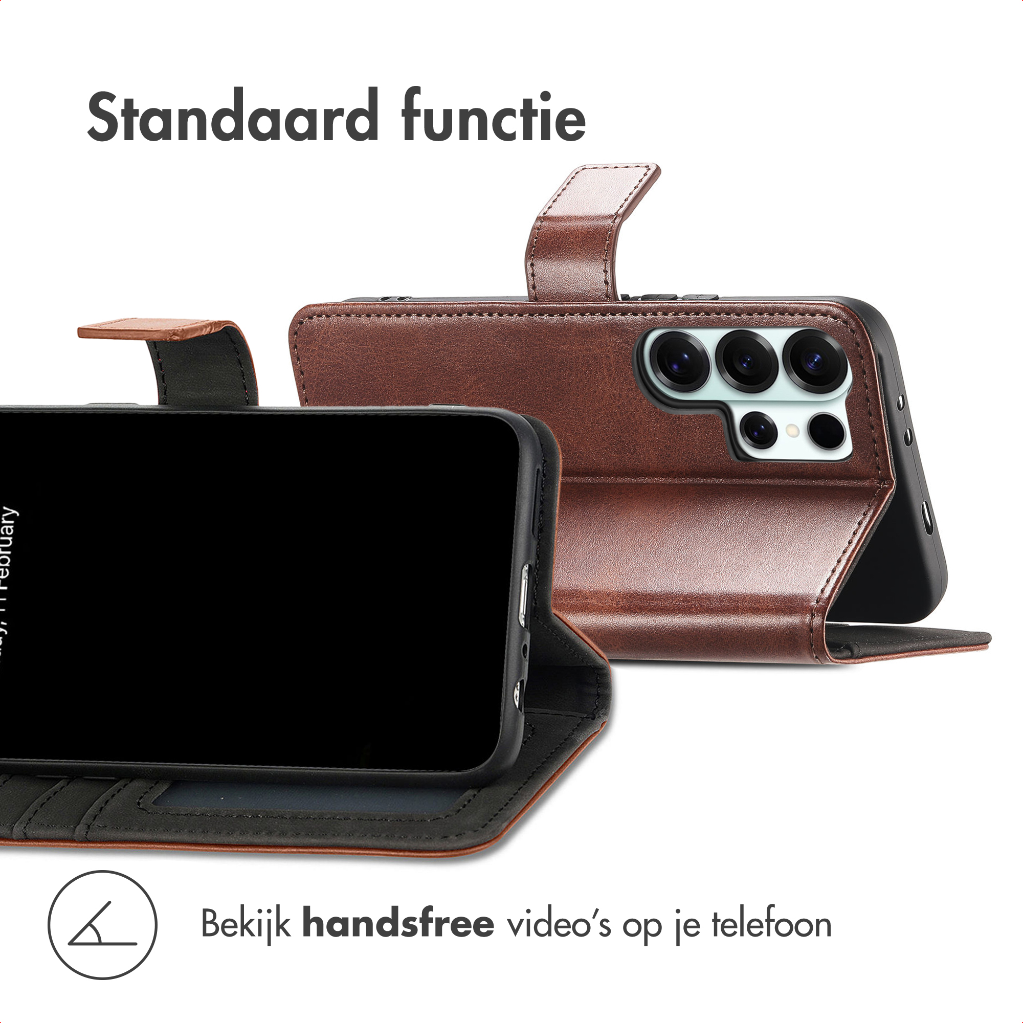 Bruine lederen telefoonhoes met telefoon, toont standaardfunctie.