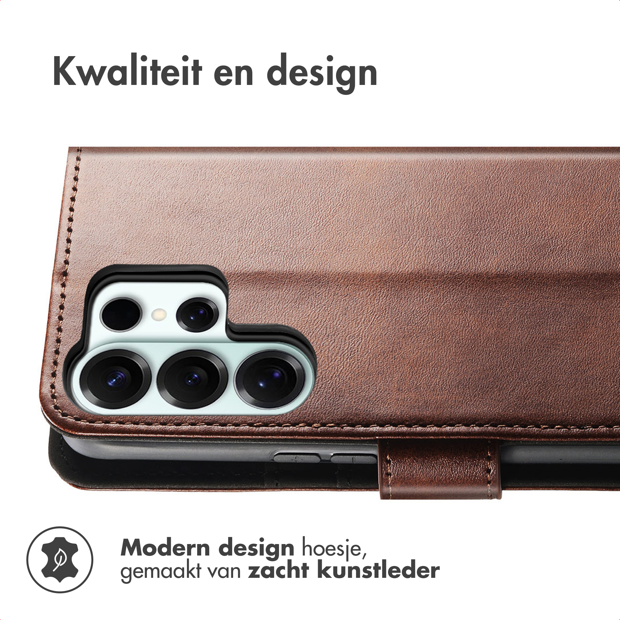 Bruine lederen telefoonhoes met zichtbare cameramodule.